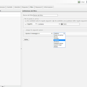  Filtri  -  In alto a destra cliccare su IMPOSTAZIONI  nella seconda colonna della schermata  sono presenti i vari filtri che sono impostati per la mail.  per aggiungere un filtro basta cliccare sul + in fondo a questa colonna  ora si possono definire i vari parametri del filtro  	 inserire un nome per il filtro 	 inserire i parametri per il filtro  	 inserire le azioni che dovrà eseguire il filtro 	 Cliccare su salva una volta finito   
